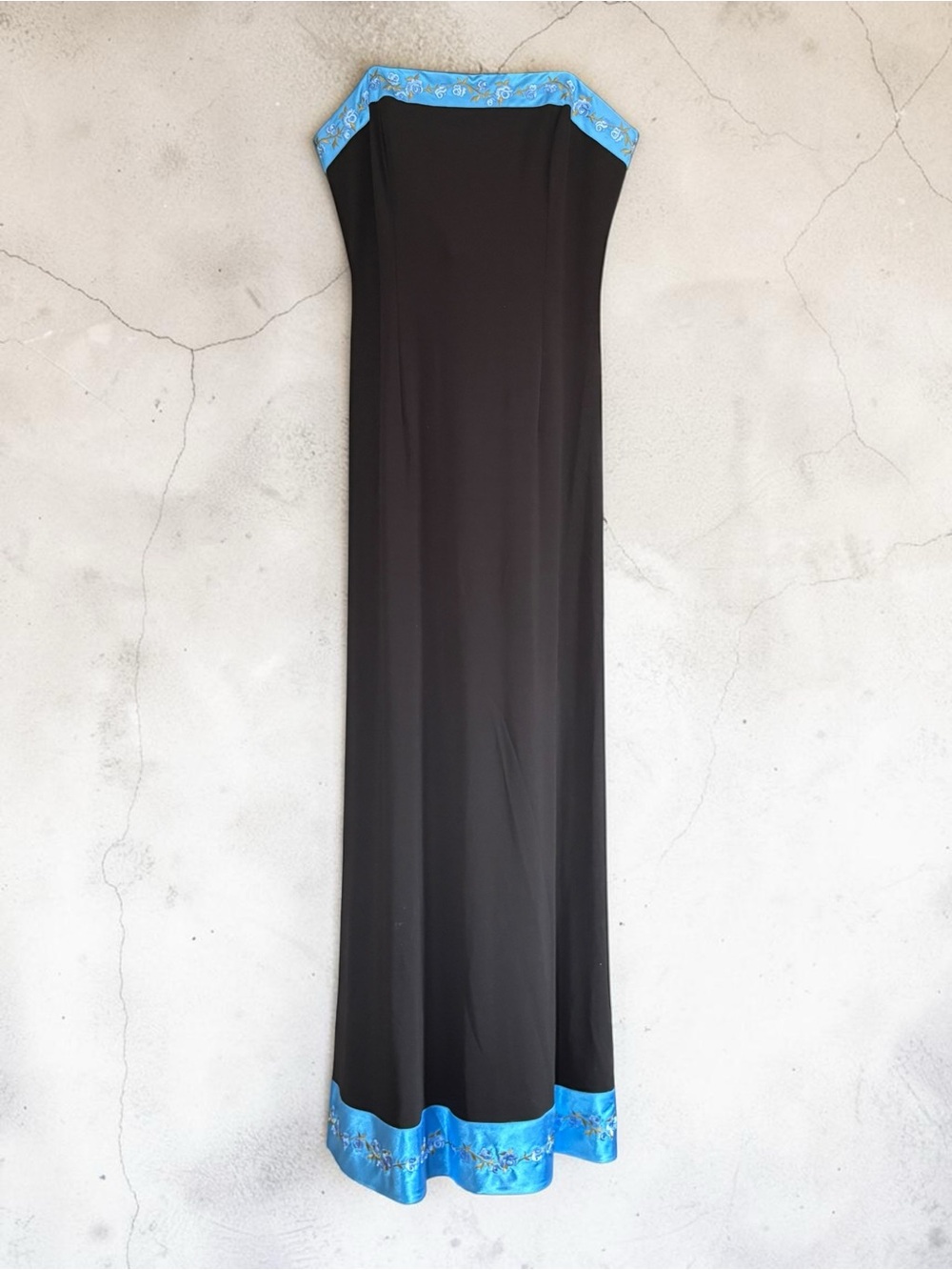 VTG Papell Boutique Evening Strapless Maxi Dress Size 6 Black W/ Blue Satin Trim - Picture 5 of 16